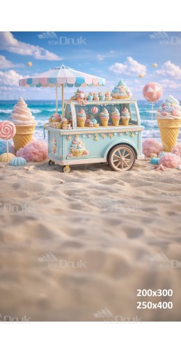 Tło fotograficzne „Pastelowy wózek z lodami na plaży” | 4048